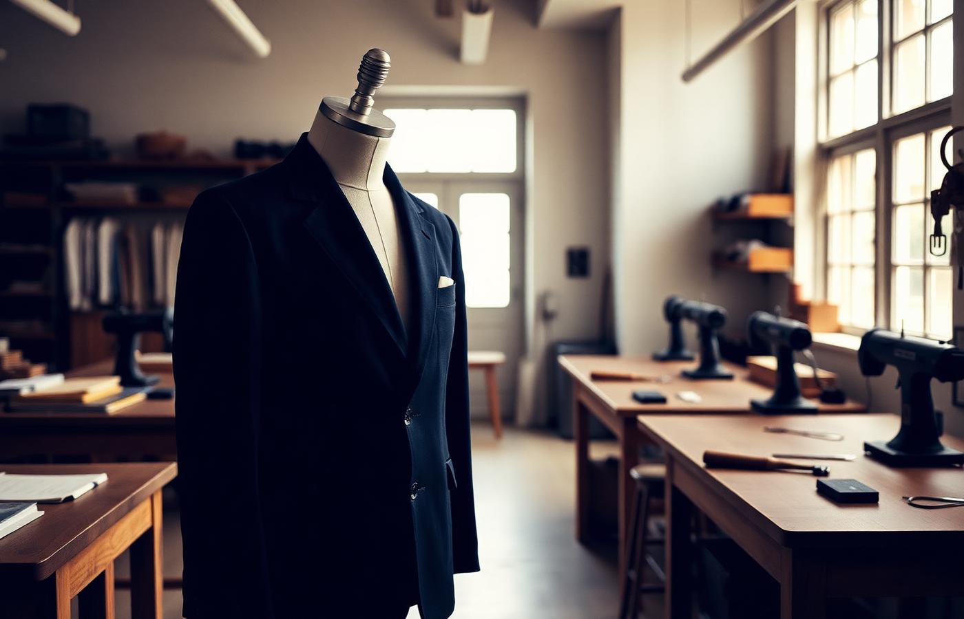 CosyCutt workshop with a tailored navy jacket on a mannequin